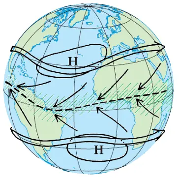 En schematisk bild av den allmänna cirkulationen i tropikerna och subtropikerna. Runt ”intertropiska konvergenszonen" strax norr om ekvatorn regnar det mycket. De subtropiska jetströmmarna snirklar runt på 30º latitud och det subtropiska högtrycksbältet, med enskilda maxima över oceanerna, ger torrt väder i Mexico, Argentina, Namibia, Nordafrika och på Arabiska halvön.
