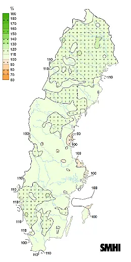 Karta som visar förändring i nederbörd för hela året.