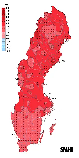 Karta som visar förändringen i temperaturen.