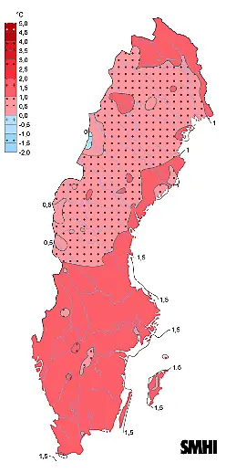 Karta som visar förändringen i temperatur.