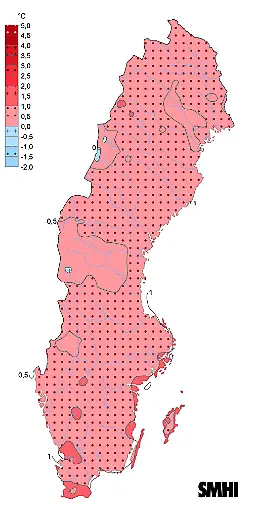 Karta som visar förändring i temperaturen.