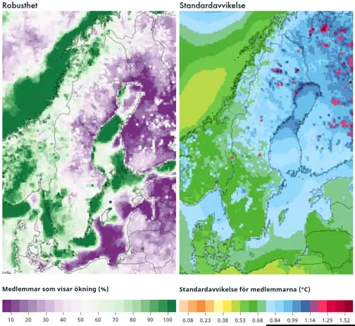 Figure Text:Robustness (left) measures the proportion of models in the ensemble that show an increase; 100% means all models show an increase, while 0% means no models show an increase. Standard deviation (right) shows the extent of variability among the ensemble members. Higher values indicate greater spread.