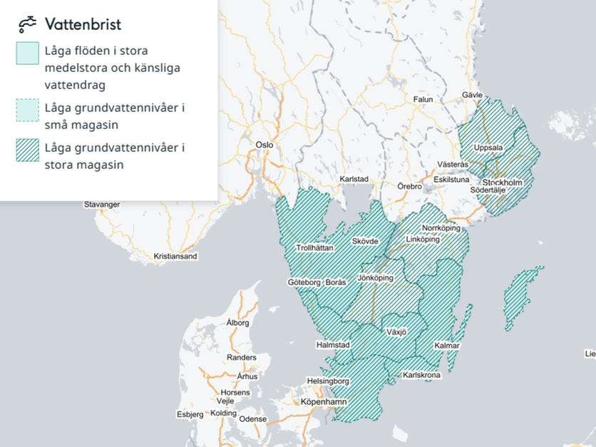 Karta över södra Sverige där län med risk för vattenbrist är markerade.