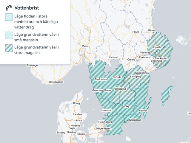 Karta över södra Sverige där län med risk för vattenbrist är markerade.