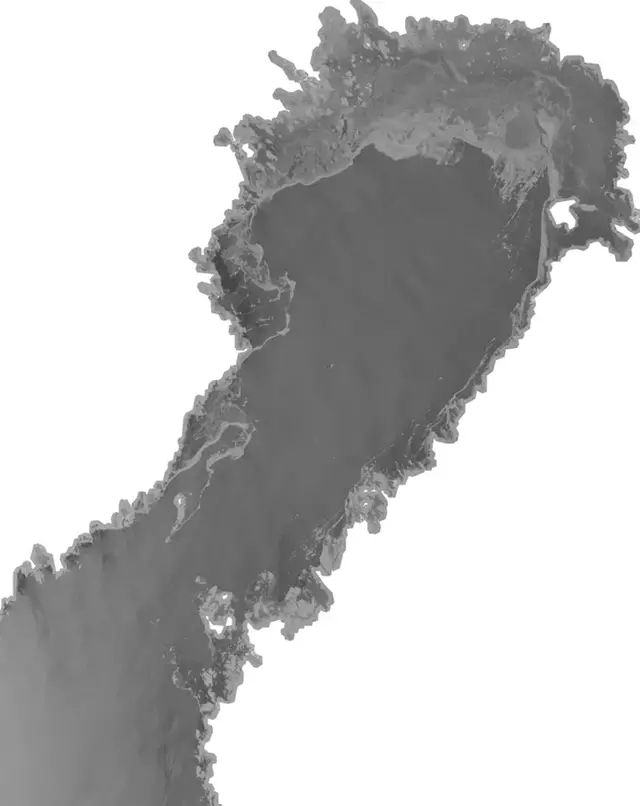 Isläget 26 januari. Några dagars blåst har rivit upp mycket av den tunna isen och samlat den norrut i Bottenviken. SAR-bild, Radarsat.