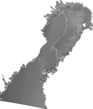 Isläget 25 februari. Milda sydvästvindar har åter rivit upp isen och drivit den åt nordost i Bottenviken. Det blir i stort sett isfritt till sjöss, upp till sydvästra Bottenviken. SAR-bild, Radarsat.