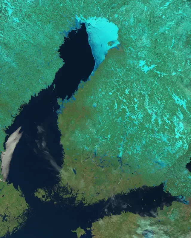 Isläget 23 mars. Stationärt isläge, med isen samlad i nordöstra Bottenviken från slutet av februari. Man kan även se att det finns kvar lite is i ostligaste Finska viken. Optisk bild, NOAA