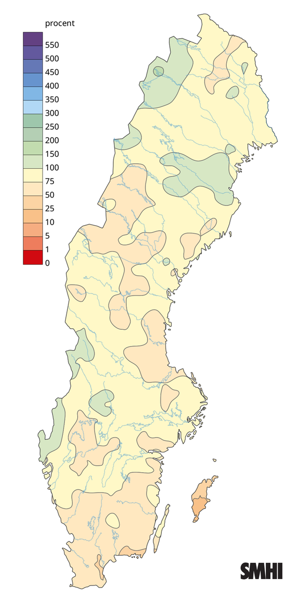 Nederbörden i procent av det normala under våren 2026.