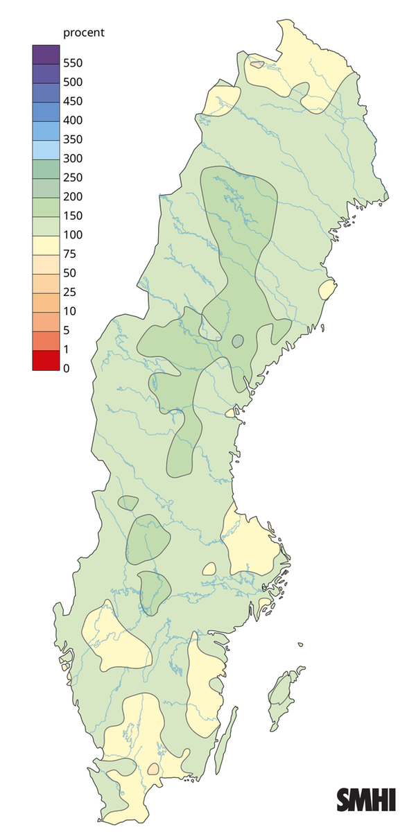 Nederbörden i procent av normalperioden 1991-2020 för hösten 2025.
