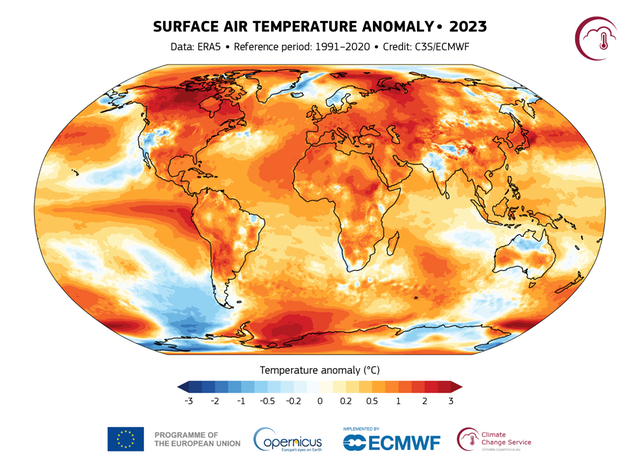 En karta som visar global temperatur för 2023