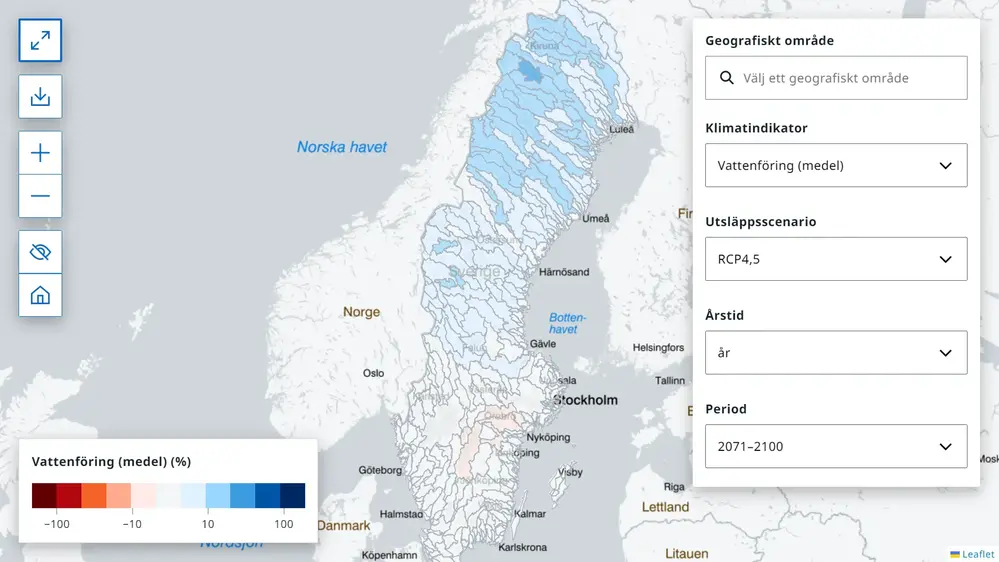 Utdrag från SMHIs klimatscenariotjänst.