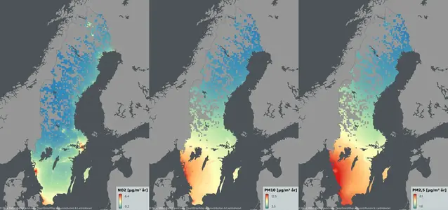Kartor som visar urbana balgrundshalter av olika partiklar, så som de visas i tjänsten SIMAIR