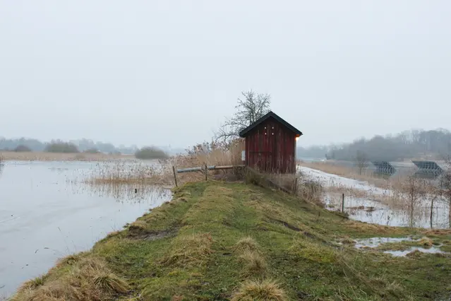 Vall med en översvämmad åker på ena sidan