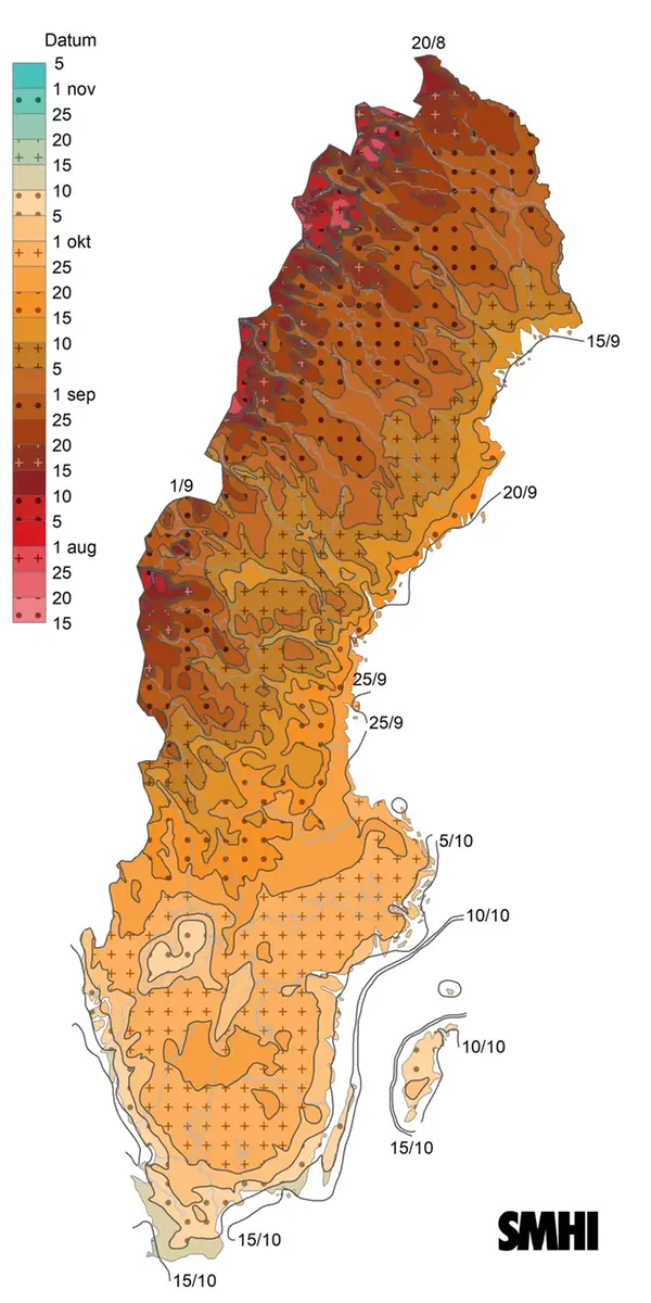 Karta som visar höstens normala ankomst