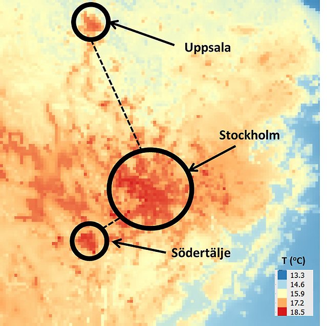 Karta som visar rödare färgtoner, en värmeö, över Stockholm och andra tätorter.
