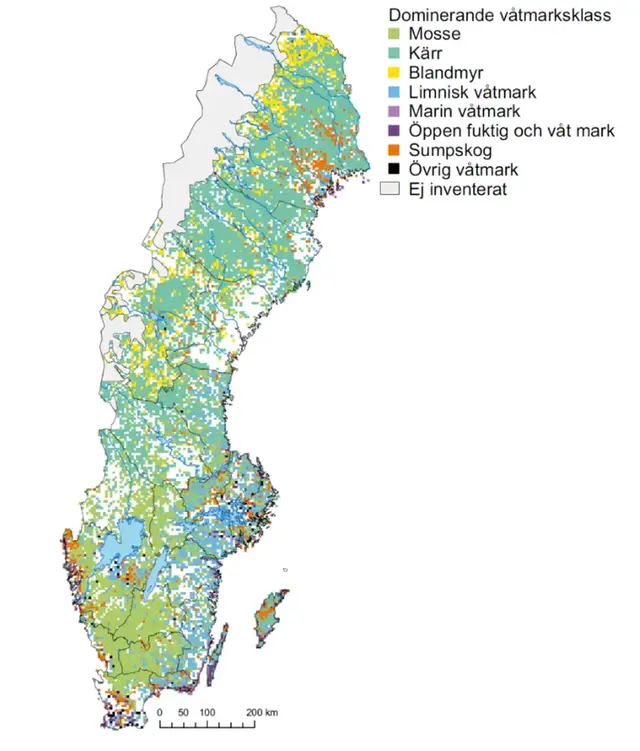 Karta över Sverige med de dominerande våtmarksklasserna