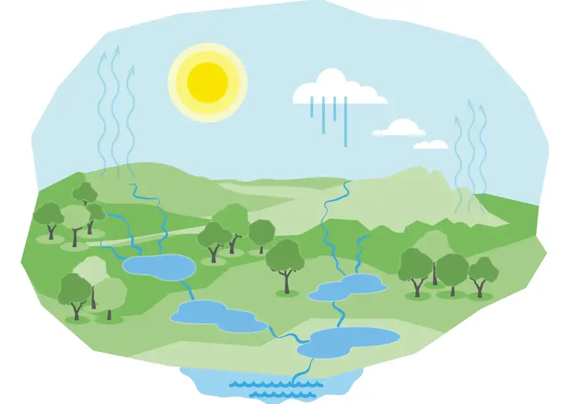 Illustration med sol över landskap