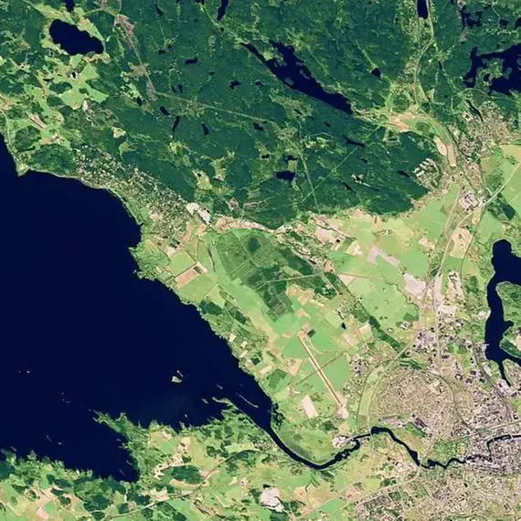 Satellitbild över litet samhälle och skog och ängar