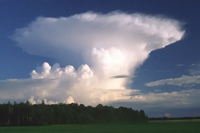 Foto taget upp mot himmeln över åskmoln som tornar upp sig.