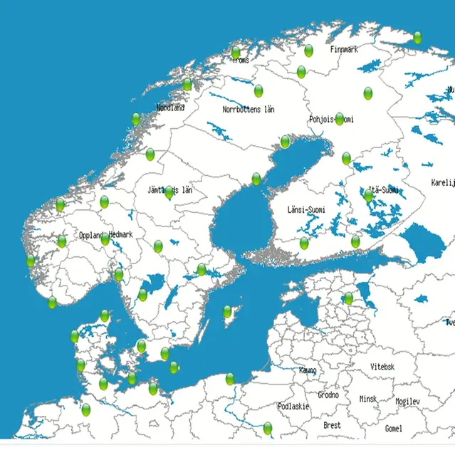 Karta över blixtsensorer i Norden.