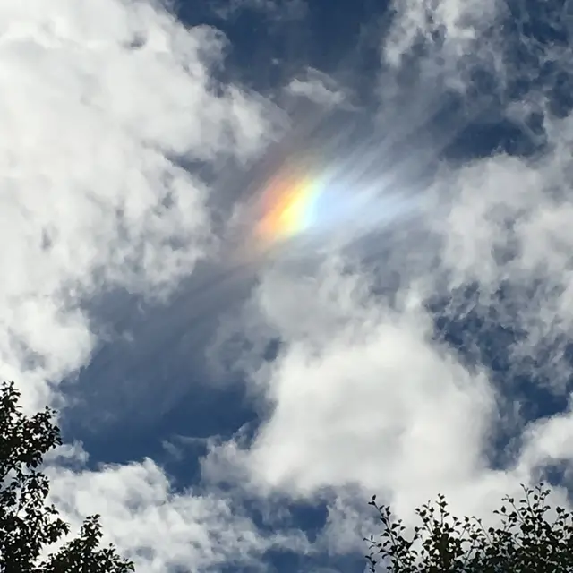 En färggrann bisol på en himmel med växlande molnighet och solen till vänster om bilden.