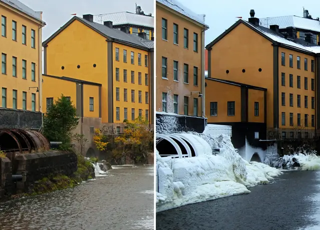 The industrial landscape of Norrköping in summer and winter.