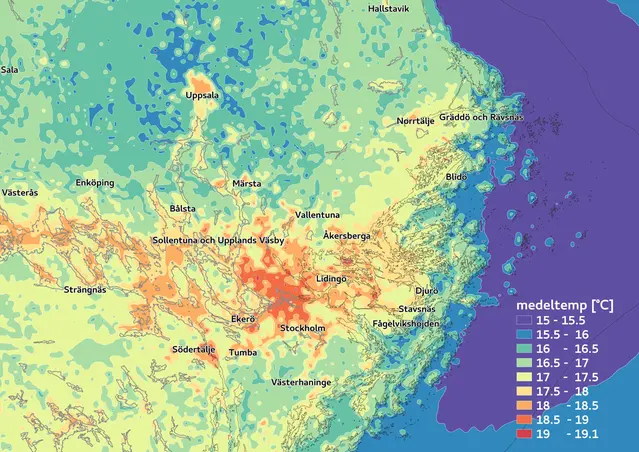 Map illustration showing average air temperature 2 metres above ground during summer 2014 in Stockholm.
