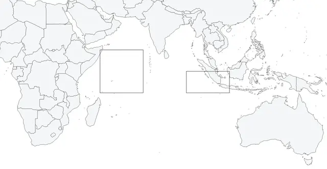 Karta över Indiska oceanen som visar vilka områden som används vid bestämning av indexet Indian Ocean Dipole.