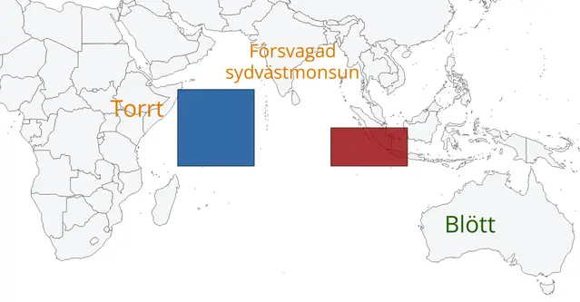 Karta över Indiska oceanen som visar typiska variationer i vädret vid en negativ fas av Indian Ocean Dipole.
