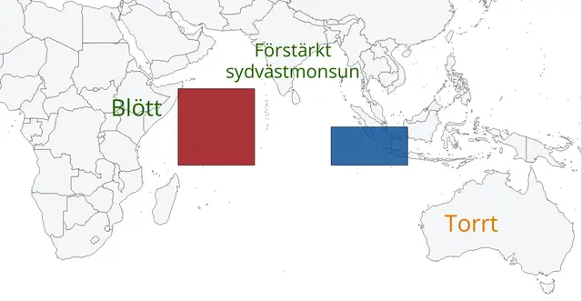 Karta över Indiska oceanen som visar några typiska variationer i vädret i samband med en positiv fas av Indian Ocean Dipole