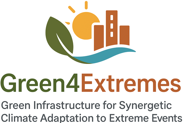 Logotyp Green4Extremes, en stad med ett grönt löv och en skinande sol.
